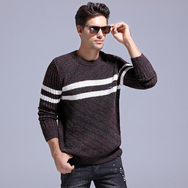 Stylish Modern White Stripe Textured Men's Wool Sweater