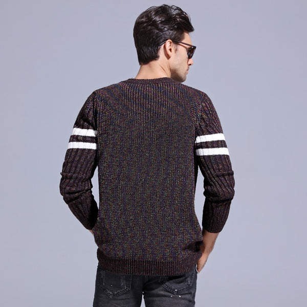 Stylish Modern White Stripe Textured Men's Wool Sweater