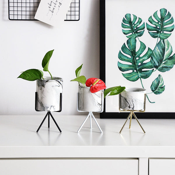 Chic Minimalist Designer Pot Planters w Marble Finish