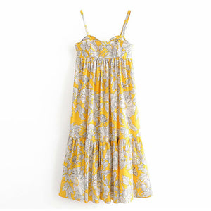 Women's Warm Weather Yellow Mini Dress w Floral Stitched Print