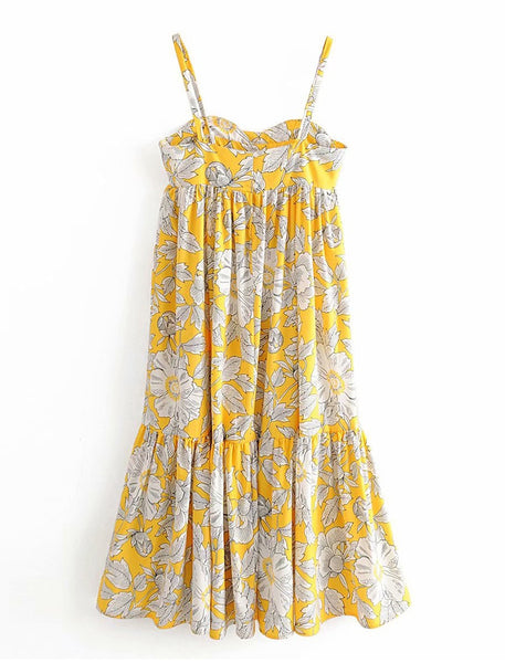 Women's Warm Weather Yellow Mini Dress w Floral Stitched Print