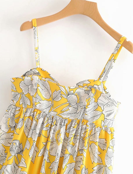 Women's Warm Weather Yellow Mini Dress w Floral Stitched Print