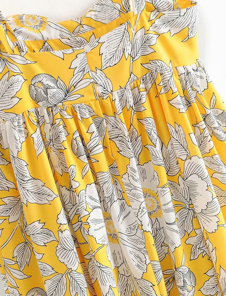 Women's Warm Weather Yellow Mini Dress w Floral Stitched Print