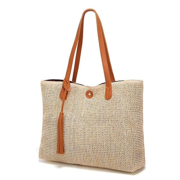 Women's High Class Large Capacity Straw Leather Tote