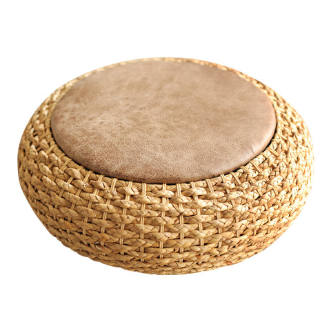 Luxurious Handmade Rattan Wicker Leather Cushion Floor Pouf