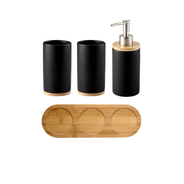 Elegant Minimalist Genuine Ceramic Natural Bamboo Bathroom Set