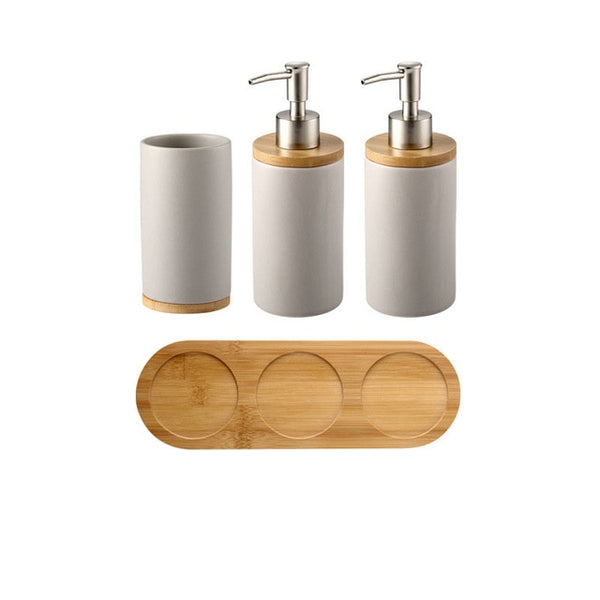 Elegant Minimalist Genuine Ceramic Natural Bamboo Bathroom Set