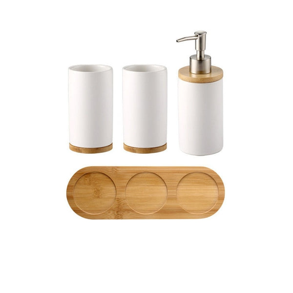 Elegant Minimalist Genuine Ceramic Natural Bamboo Bathroom Set