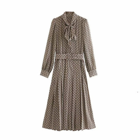 Elegant Vintage Geometric Print Shirtdress w Waist Belt