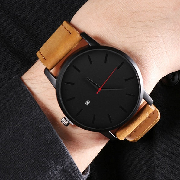 Men's Minimalist Red Hand Luxury Thin Date Wristwatch