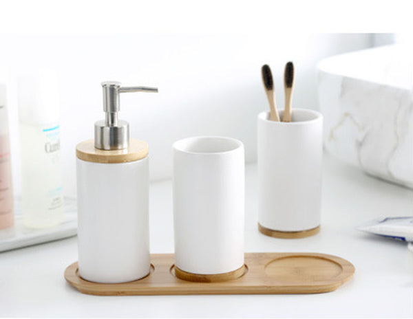 Elegant Minimalist Genuine Ceramic Natural Bamboo Bathroom Set