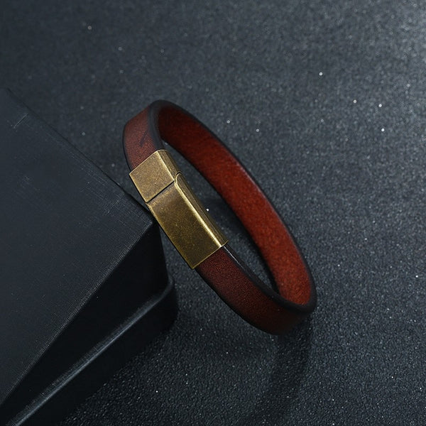 Luxury Rustic Leather Bracelet w Magnetic Brass Clasp