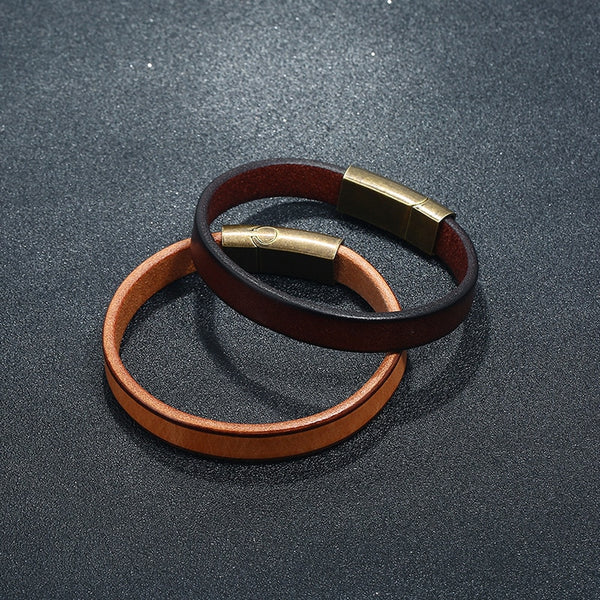 Luxury Rustic Leather Bracelet w Magnetic Brass Clasp