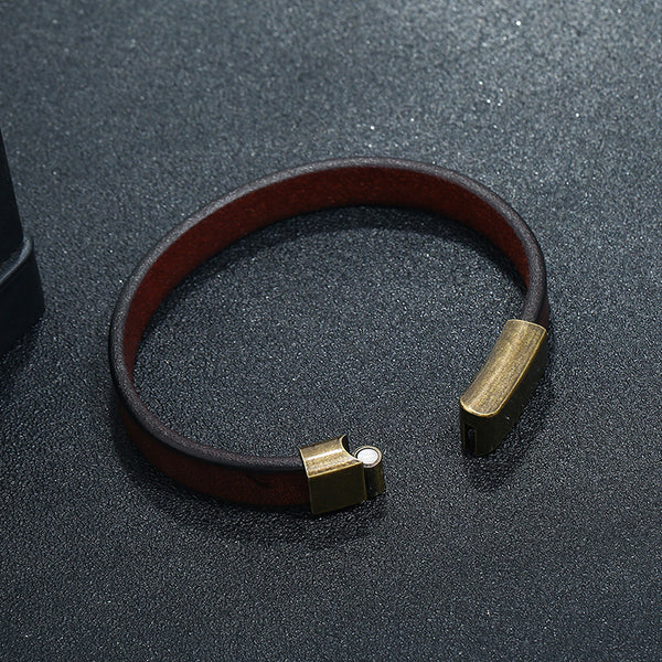 Luxury Rustic Leather Bracelet w Magnetic Brass Clasp