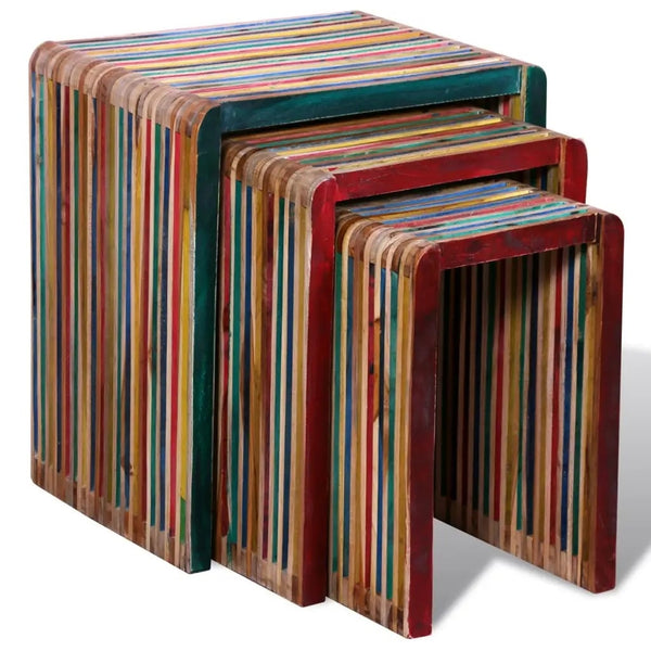 Abstract Artistic Linear Painted Colorful Teak Wood Nesting Tables - Set of 3