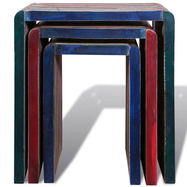 Abstract Artistic Linear Painted Colorful Teak Wood Nesting Tables - Set of 3