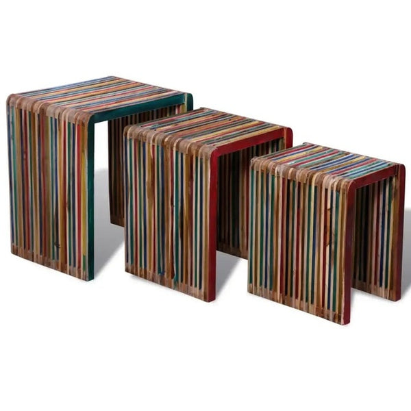 Abstract Artistic Linear Painted Colorful Teak Wood Nesting Tables - Set of 3