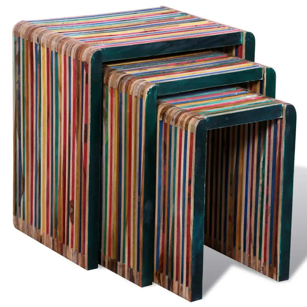 Abstract Artistic Linear Painted Colorful Teak Wood Nesting Tables - Set of 3