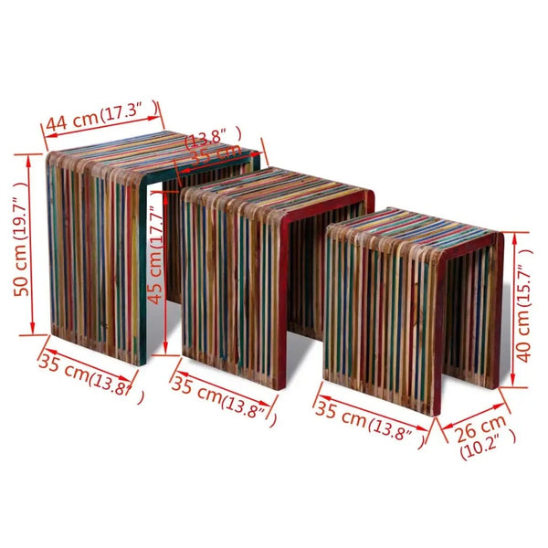 Abstract Artistic Linear Painted Colorful Teak Wood Nesting Tables - Set of 3