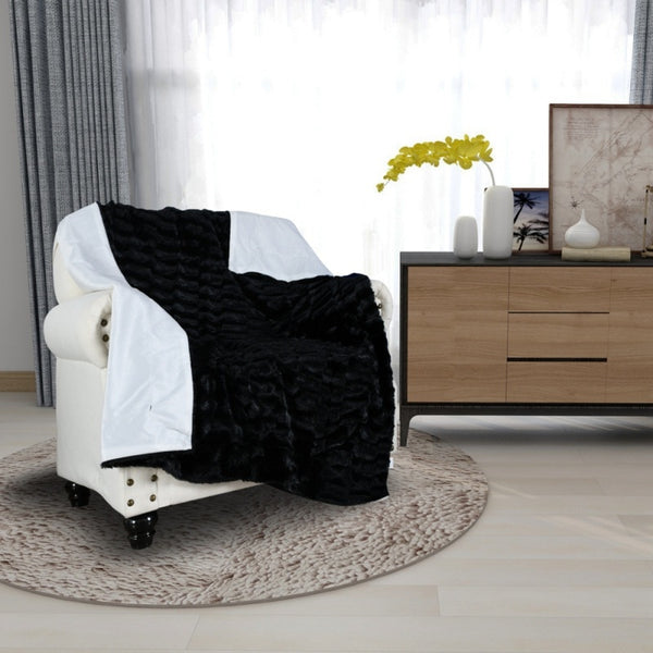 Elegant Sophisticated Black & White Velvet Faux Fur Throw Blanket