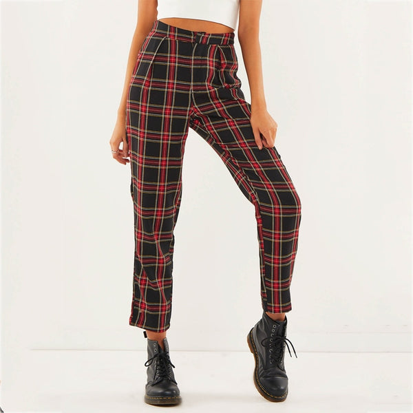 Women's Mid-Waist Broadcloth Trousers in Edgy Plaid