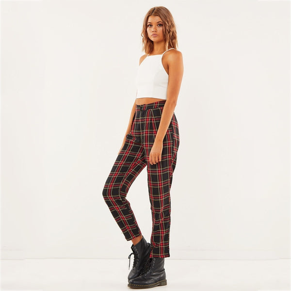 Women's Mid-Waist Broadcloth Trousers in Edgy Plaid