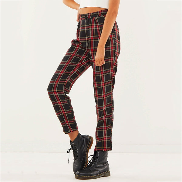 Women's Mid-Waist Broadcloth Trousers in Edgy Plaid