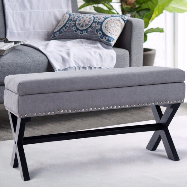 Modern Elegant Hand Upholstered Fabric Living Bench w Interior Chest