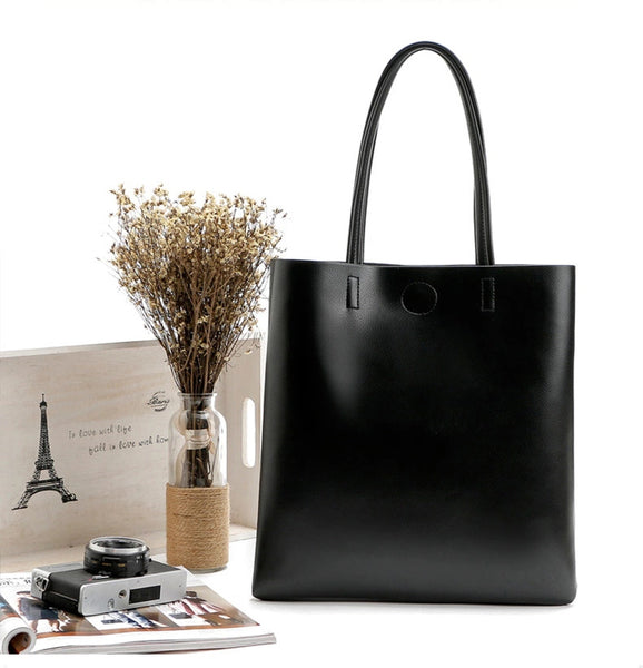 Luxury Top Handle Black Leather Bucket Tote