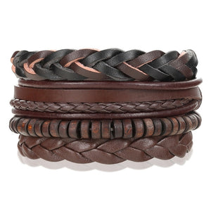 Men's Genuine Brown Leather Fashion Bracelet Bundle (4 Bracelets)