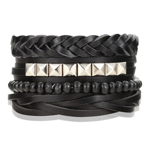 Men's Genuine Black Leather Fashion Bracelet Bundle (4 Bracelets)