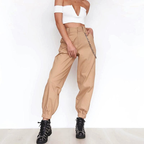 Modern Street Fashion High Waisted Jogger Trousers w Chain