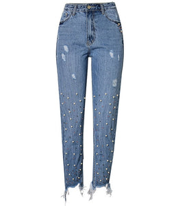 Women's Pearl Accented Embroidered Denim Jeans