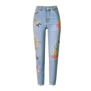 Hand-Embroidered High Waisted Vintage Wash Denim Jeans