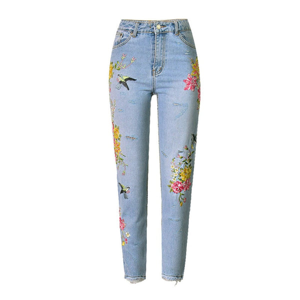 Hand-Embroidered High Waisted Vintage Wash Denim Jeans