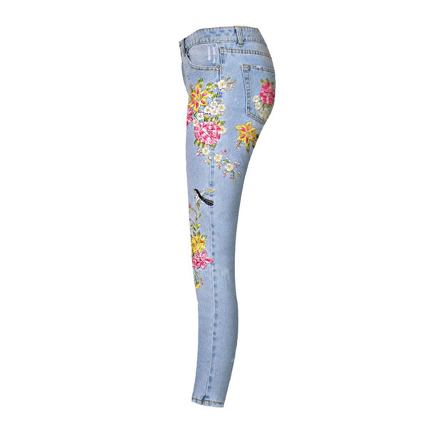 Hand-Embroidered High Waisted Vintage Wash Denim Jeans