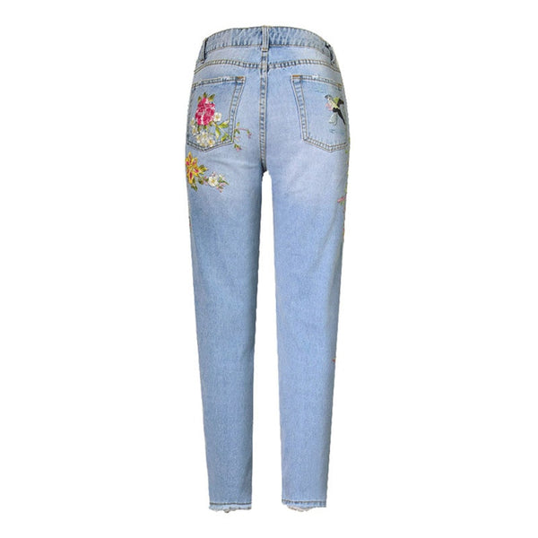 Hand-Embroidered High Waisted Vintage Wash Denim Jeans