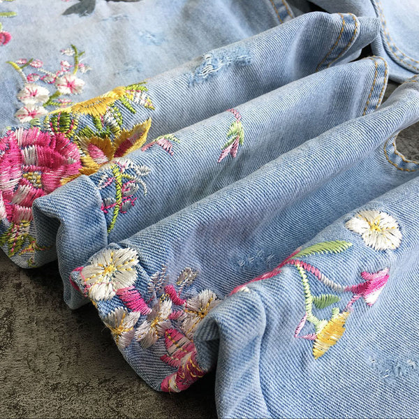 Hand-Embroidered High Waisted Vintage Wash Denim Jeans